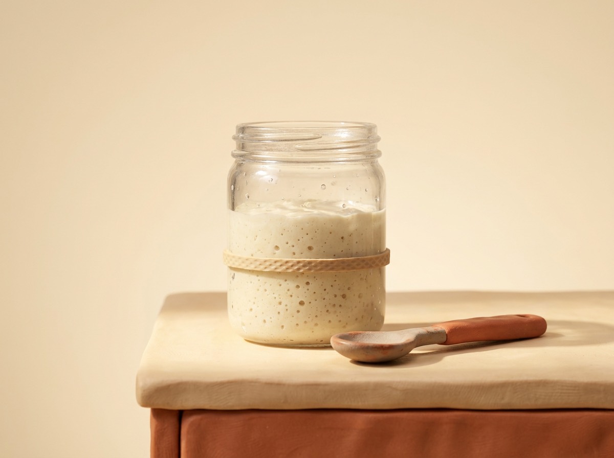 A clay jar of bubbling sourdough starter on a morning counter
